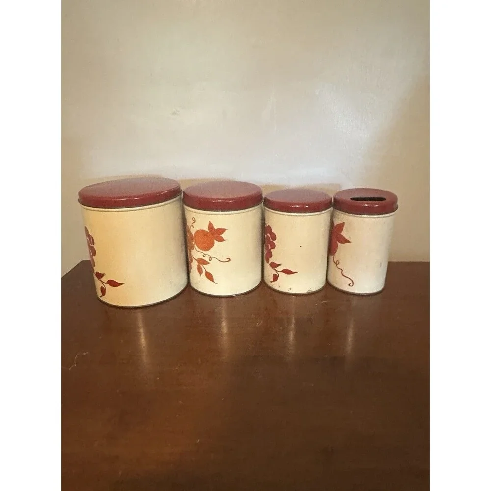Vtg  4 Piece Tin Canister Set Fruit Design Kitchen Farmhouse Décor